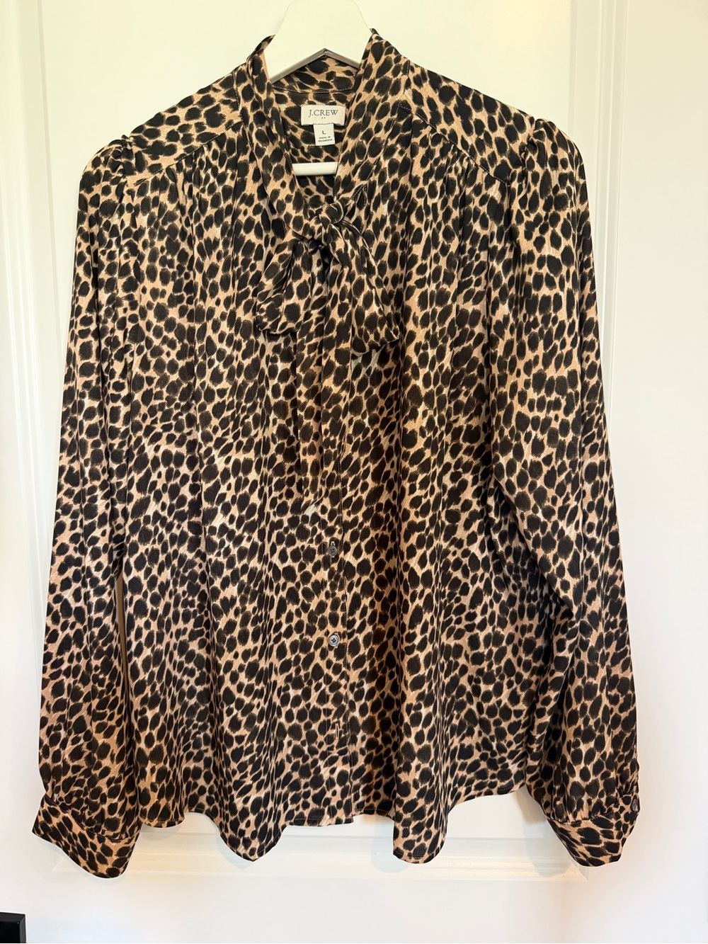 J. Crew Leopard-Print Tie-Neck Blouse - Tan & Black Size Large